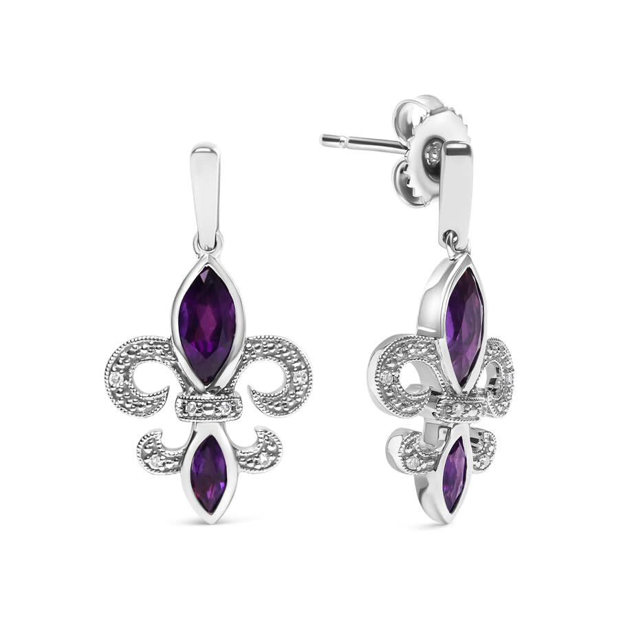 Haus Of Brilliance .925 Sterling Silver Marquise Cut Amethyst And Diamond Accent Fleur De Lis Dangle Stud Earrings In White