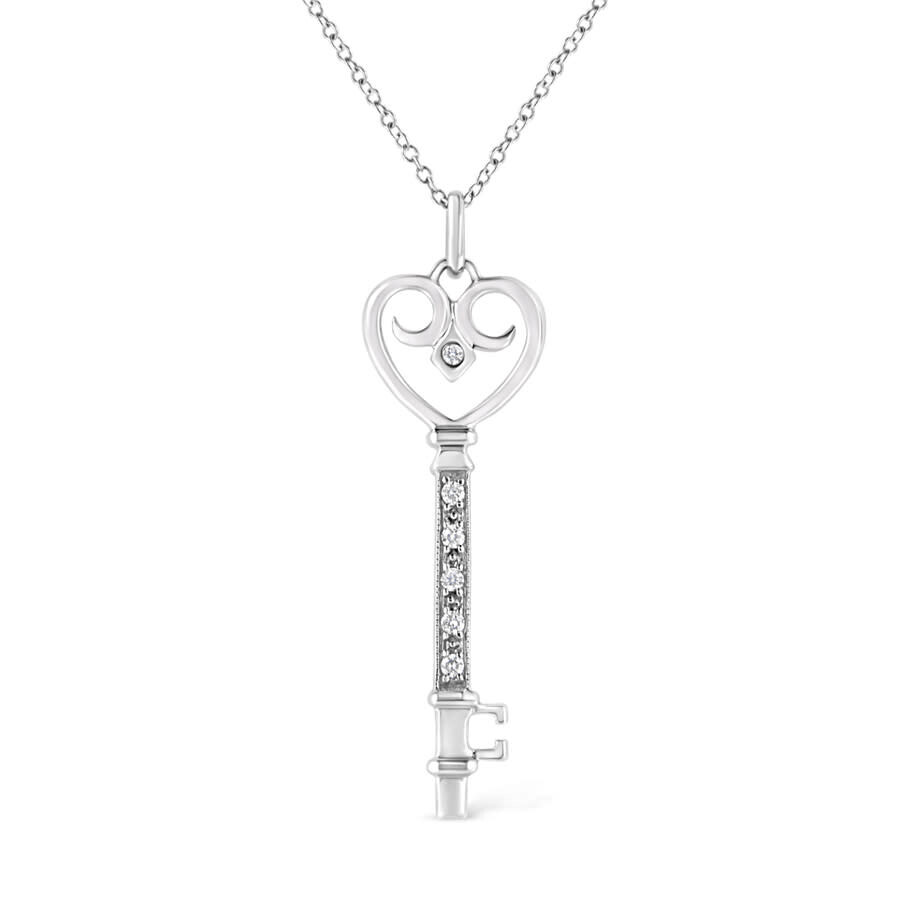 Haus Of Brilliance .925 Sterling Silver Pave And Bezel-set Diamond Accent Key 18" Heart And Lock Pen In White