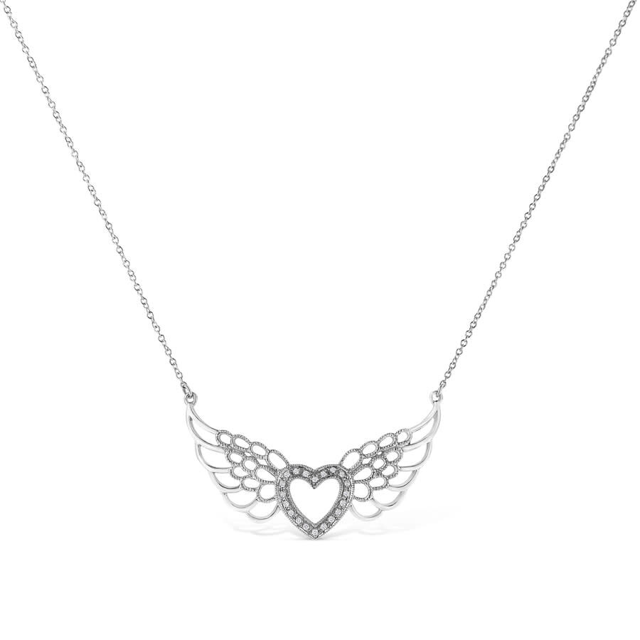 Haus Of Brilliance .925 Sterling Silver Pave-set Diamond Accent Fairy Wing Heart Pendant Necklace In Metallic