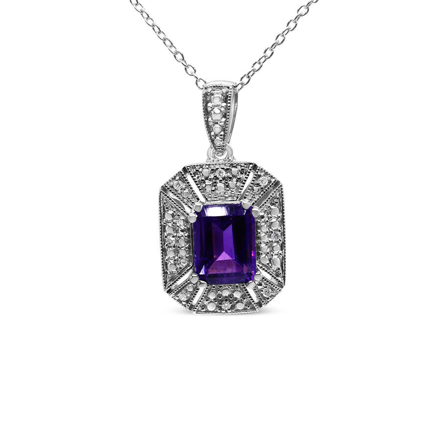 Haus Of Brilliance Silver Purple Amethyst And Diamond Accent Art Deco Style Pendant Necklace In Metallic