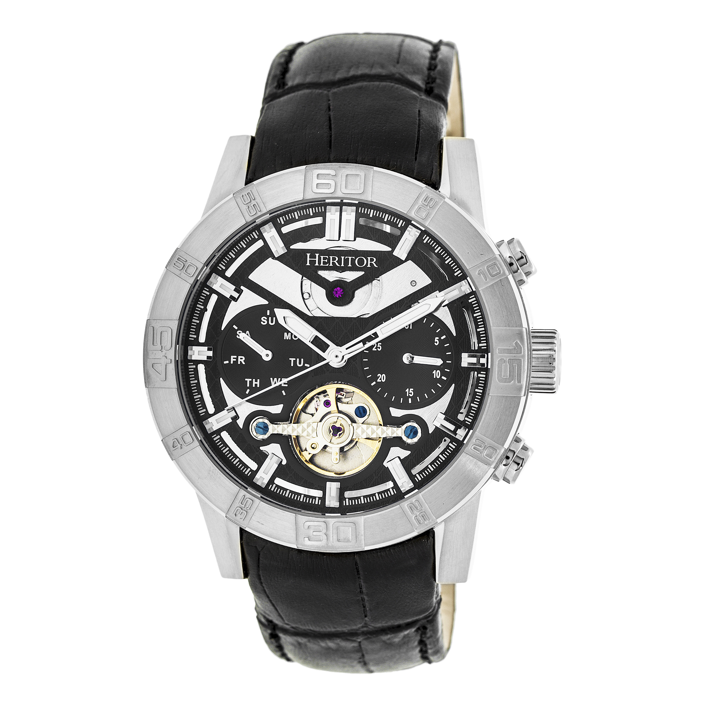 Heritor Hannibal Black Open Heart Dial Black Leather Men's Watch HR4102