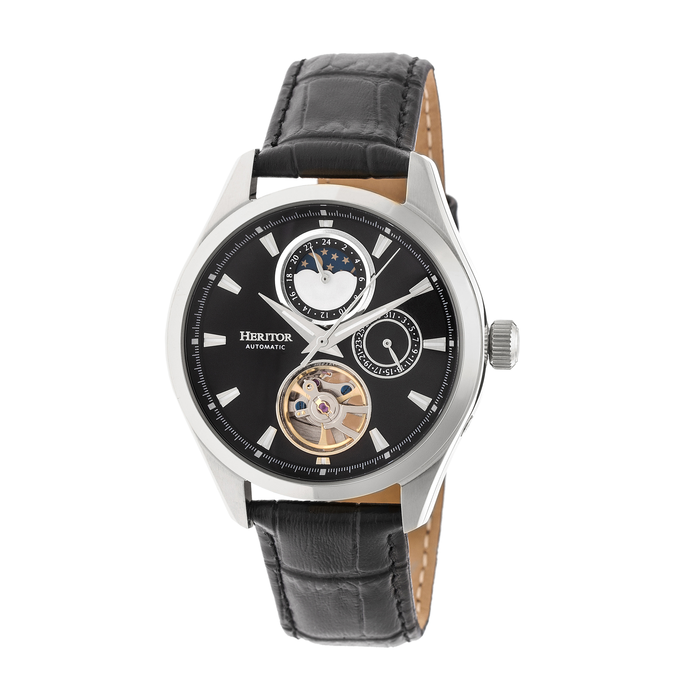 Heritor Sebastian Black Moonphase Dial Black Leather Strap Automatic Men's Watch HR6902