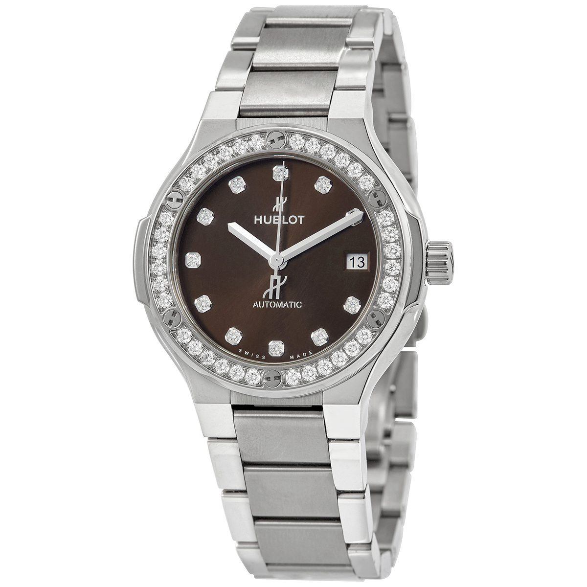 Hublot Classic Fusion Automatic Diamond Brown Dial Ladies Watch 568.NX.897M.NX.1204