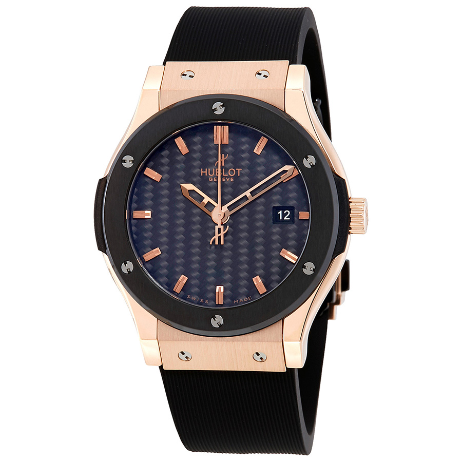 Hublot Classic Fusion Black Carbon Fiber Dial 18K Rose Gold Black Rubber Men's Watch 542.PM.1780.RX