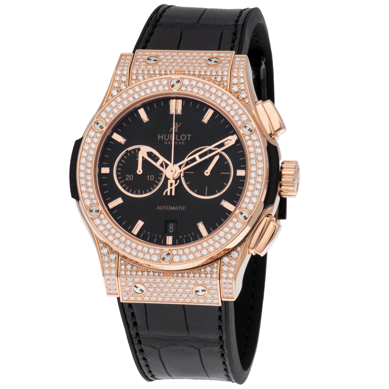 Classic Fusion Black Dial Black Leather Band 18 Carat Rose Gold with Diamonds Case Automatic Men's Watch