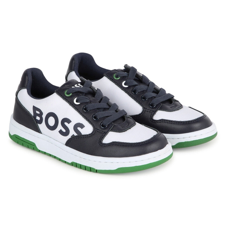 Hugo Boss Boys Embossed Branding Canvas And Leather Sneakers In Blue