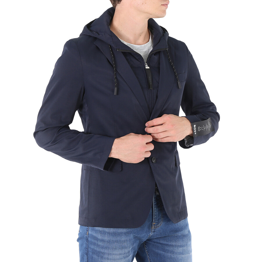 Hugo Boss Men's Performance Fabric With Hooded Inner 2-in-1 Slim-fit Jacket In Blue