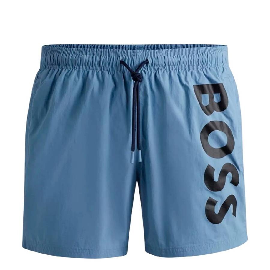 Hugo Boss Vertical-logo-print Swim Shorts In Quick-dry Poplin In Blue