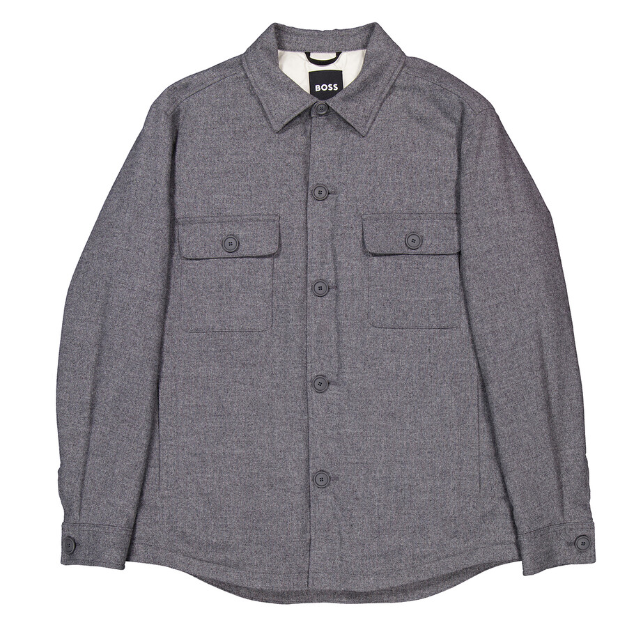 Hugo Boss Boss Brushed Flannel Overshirt With Quilted Interior In Silver Tone