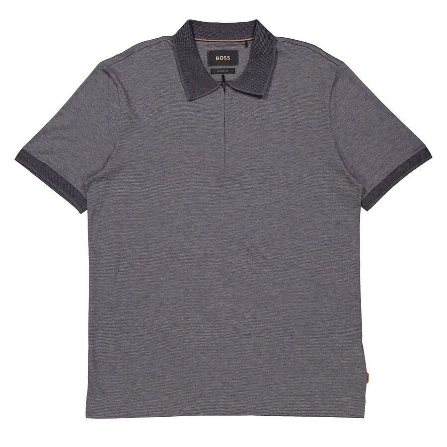 Hugo Boss Zip-placket Polo Shirt In Cotton And Silk In Grey
