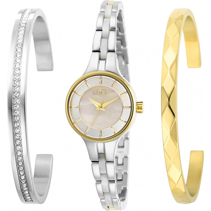 Invicta Angel Quartz White Mother of Pearl Dial Ladies Watch and Bangle Set 29282 886678347759