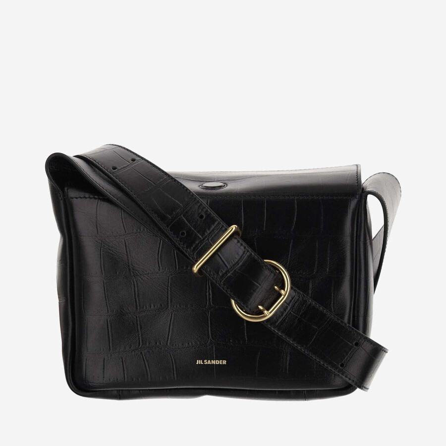 Jil Sander Structured Shoulder Bag With Embossed Crocodile Pattern In Black
