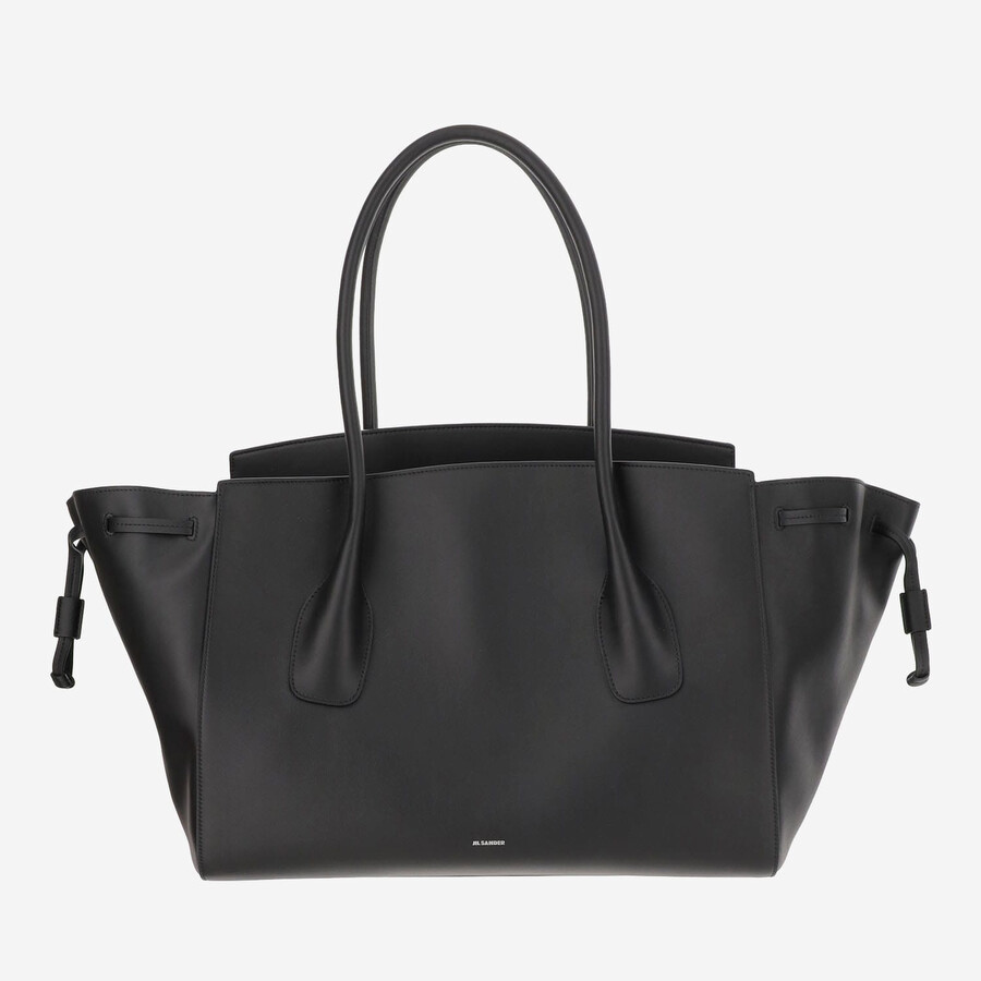 Jil Sander Structured Leather Handbag With Drawstring Detail In Black
