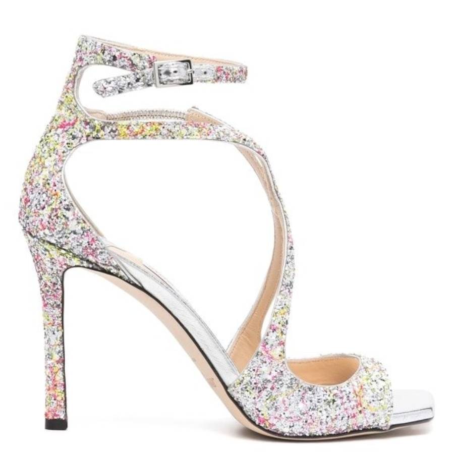 Jimmy Choo Azia 95 Coarse Glitter Sandals, Brand Size 34 ( US Size