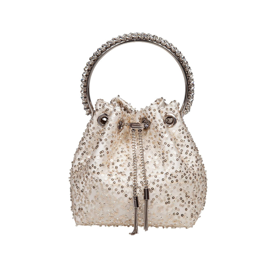 Jimmy Choo Bon Bon Satin Bag With Micro Net And Applied Stones In White
