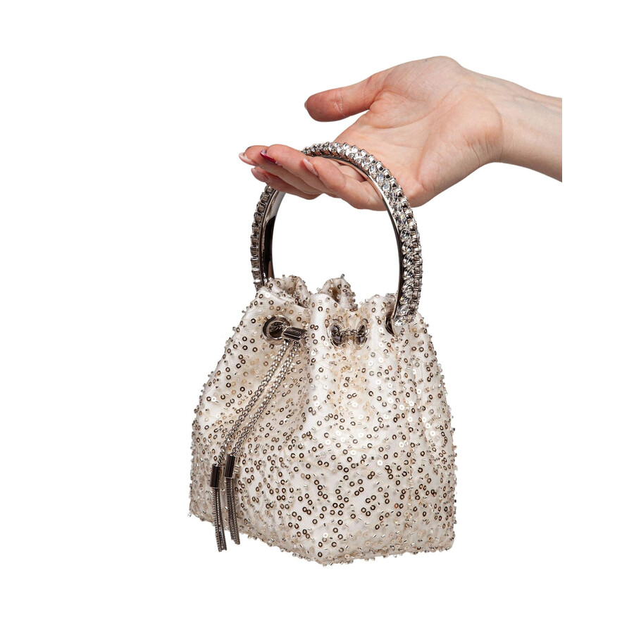 Jimmy Choo Bon Bon Satin Bag With Micro Net And Applied Stones In White