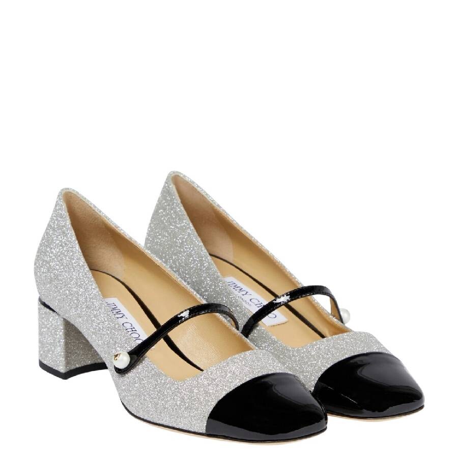 Jimmy Choo Glitter Square-toe Leather Shoe In Silver Tone/black