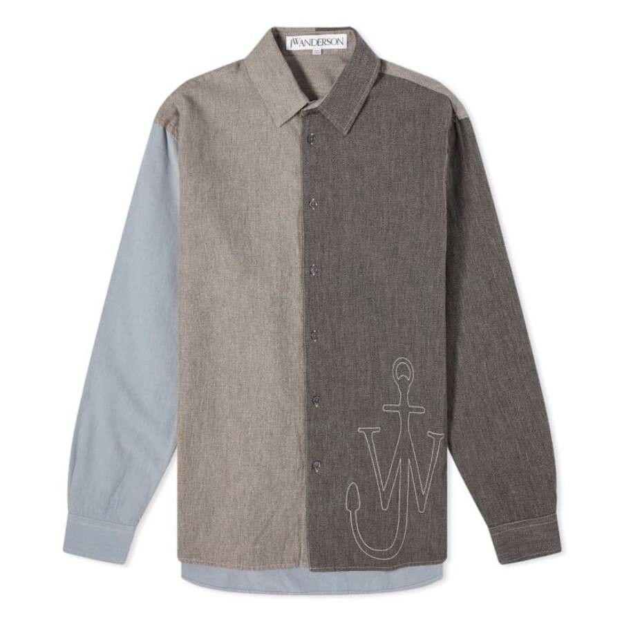 Jw Anderson Anchor Patchwork Classic-fit Cotton Shirt In Grey