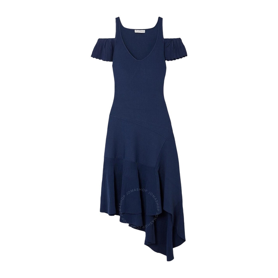 Jw Anderson Cold-shoulder Asymmetric Ribbed-knit Midi Dress In Blue