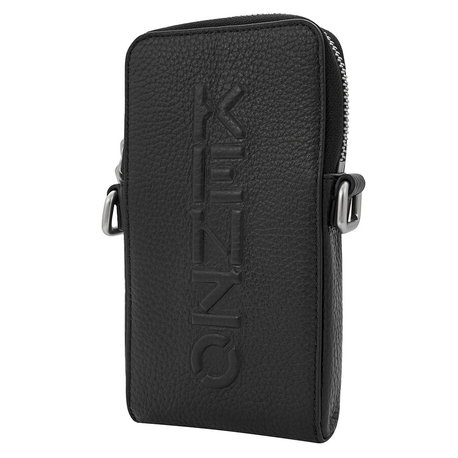 Kenzo Black Debossed Leather Phone Pouch On Strap FA65PM508L4599 3603679916060 Handbags