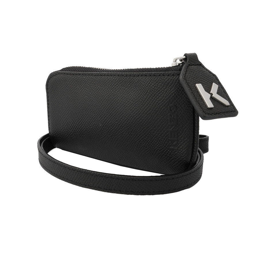 Kenzo Black Leather Zip Card Holder With Strap FB62PM806B06