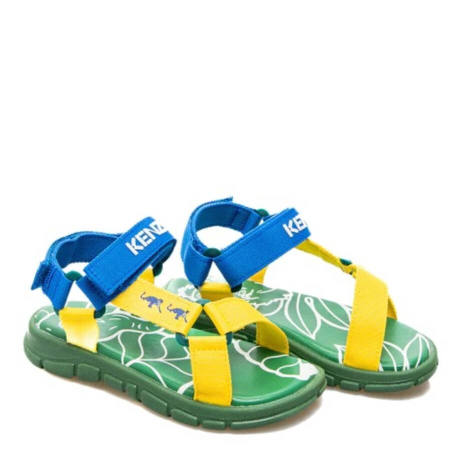 Shop Kenzo Boys Colour-block Embossed-logo Touch-strap Sandals In Green