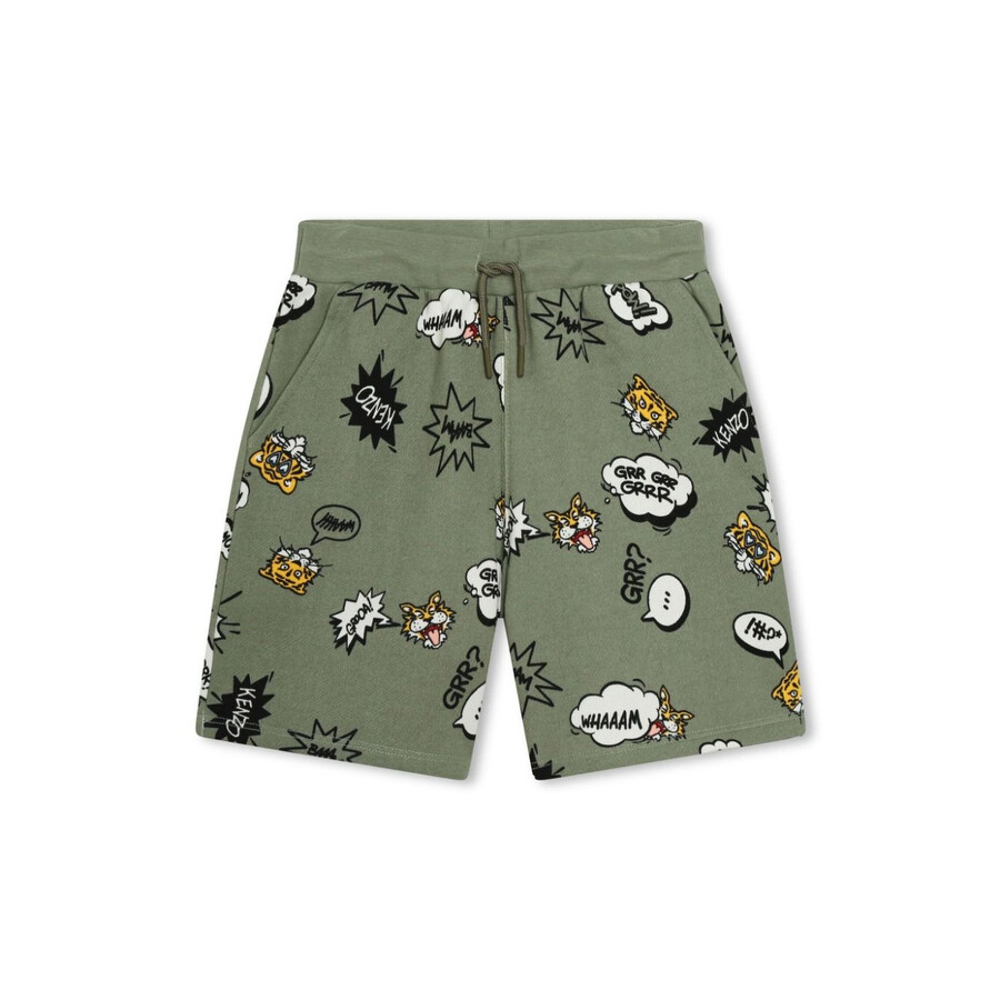 Kenzo Boys Tiger-print Drawstring Cotton Shorts In Green