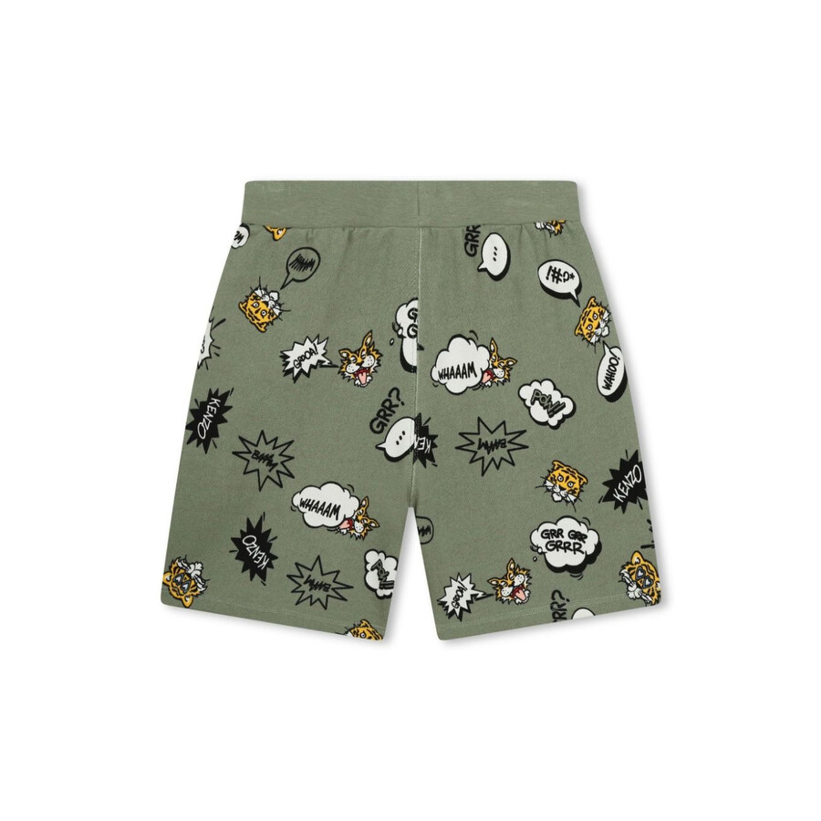 Kenzo Boys Tiger-print Drawstring Cotton Shorts In Green