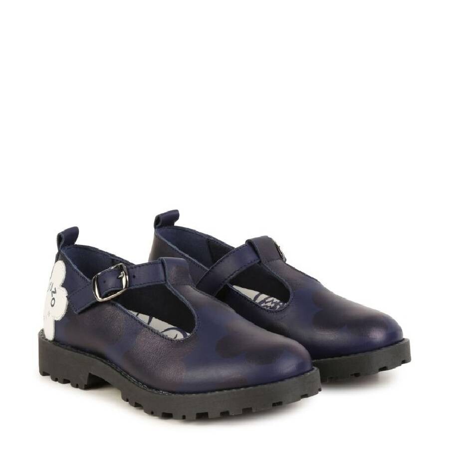 Kenzo Girls Boke Flower Leather Mary Janes In Blue