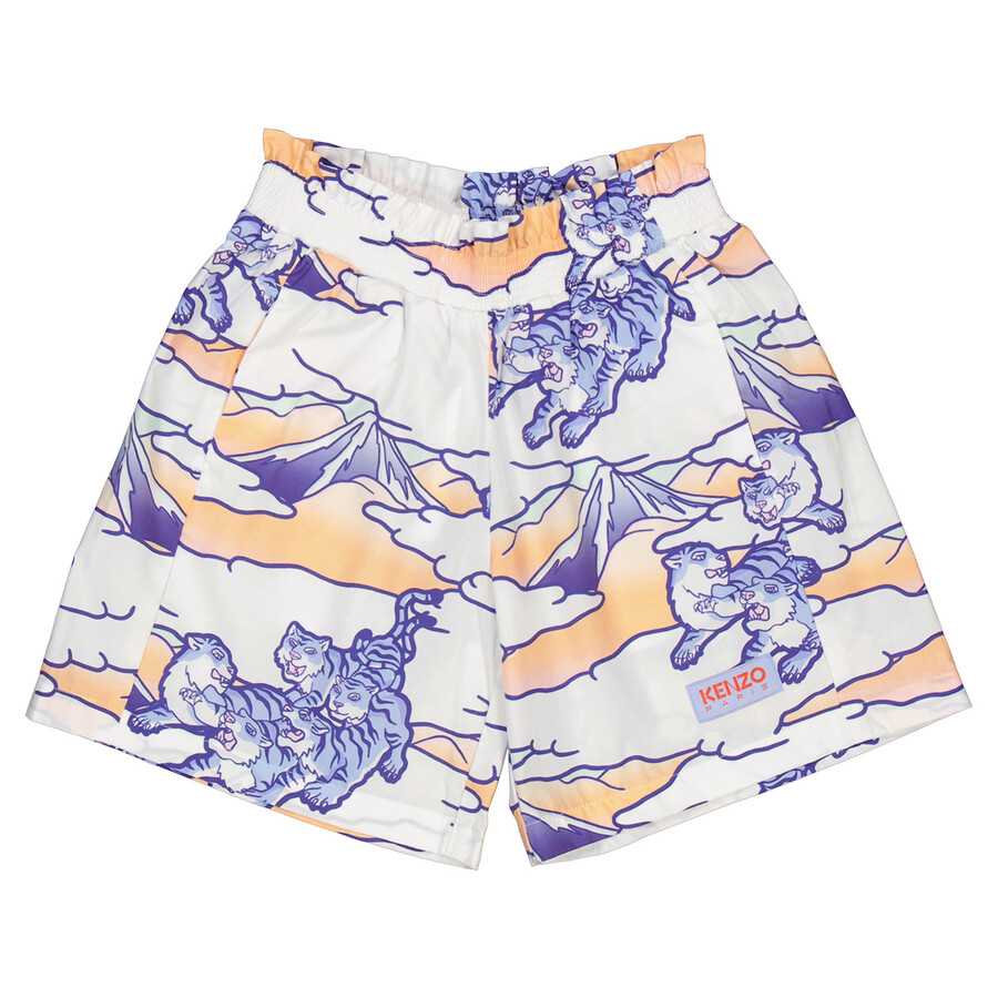 Kenzo Girls Cotton Poplin Graphic Print Shorts In White