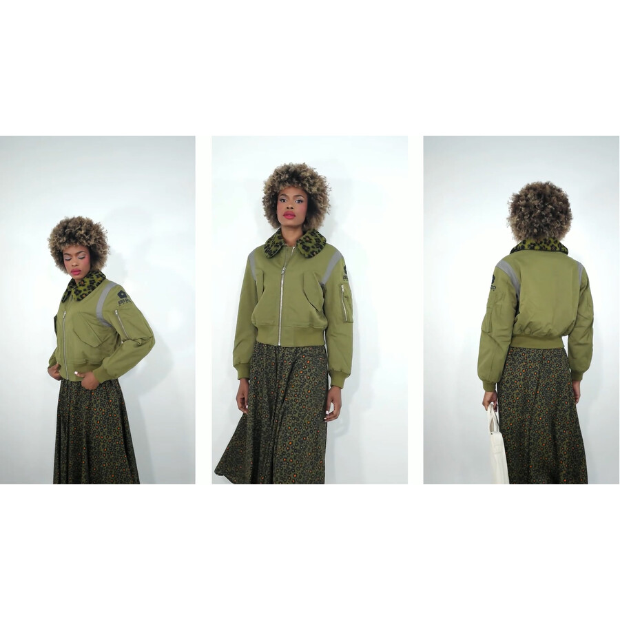 Kenzo Khaki Hana Leopard Dettail Bomber Jacket, Size X-Small
