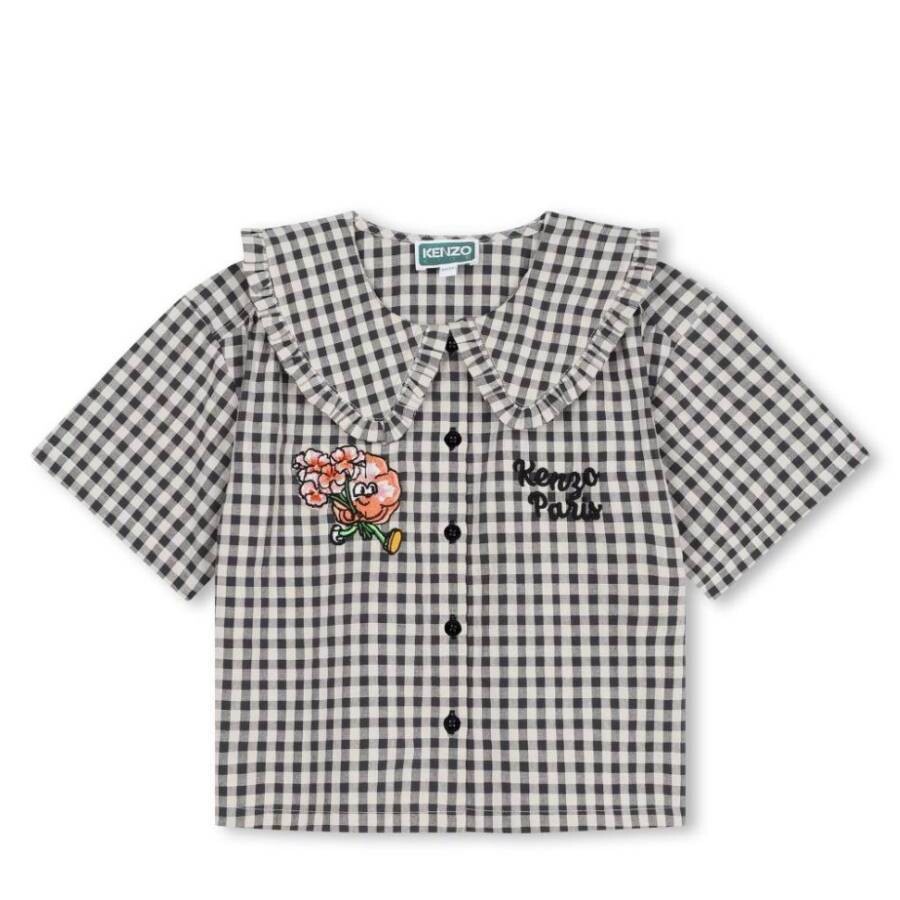 Kenzo Logo-embroidered Gingham Shirt In Grey