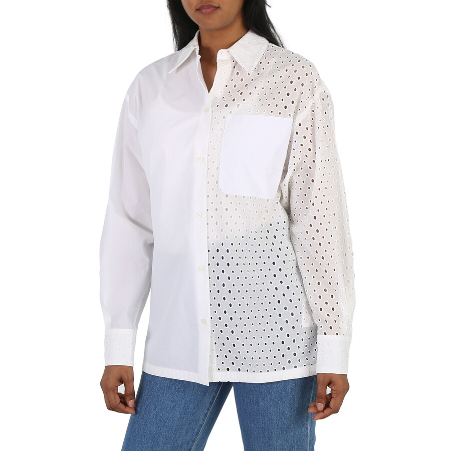 Shop Kenzo Ladies Off White Broderie Anglaise Long-sleeve Cotton Shirt