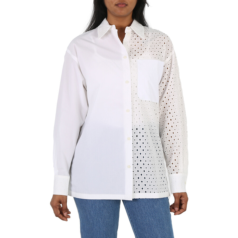 Shop Kenzo Ladies Off White Broderie Anglaise Long-sleeve Cotton Shirt