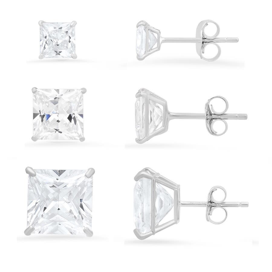 Kylie Harper Sterling Silver Set Of 3 Princess-cut Cubic Zirconia Cz Earring Set In Silver-tone