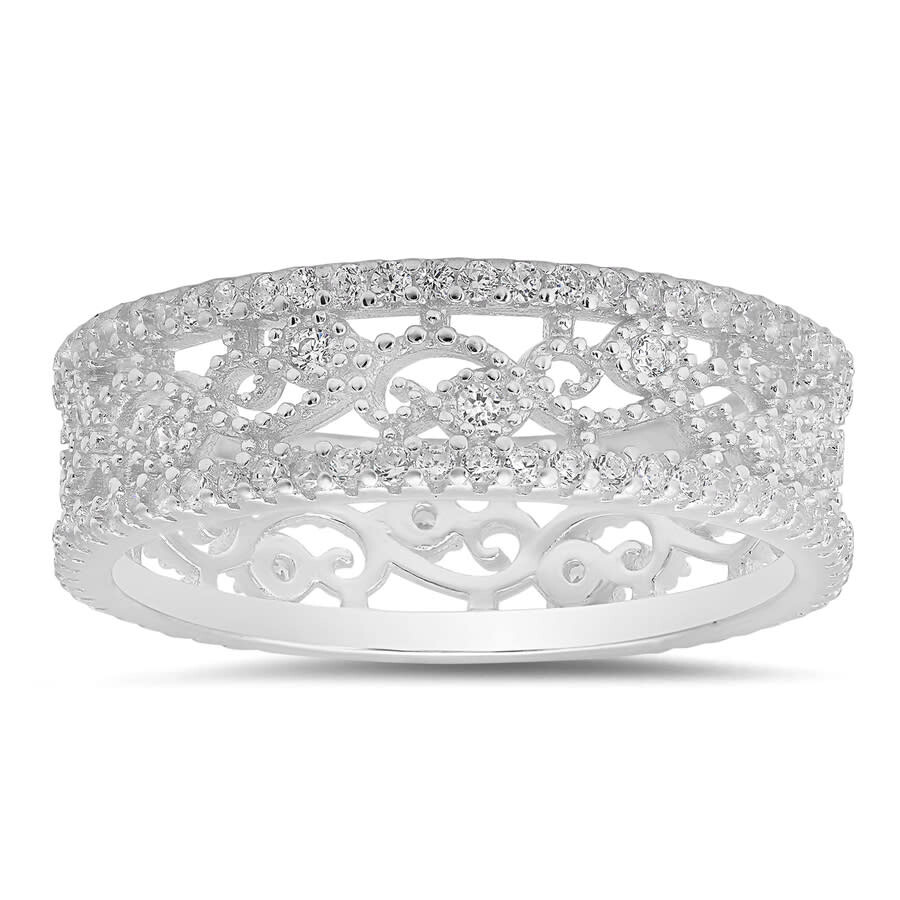 Kylie Harper Sterling Silver Vintage Floral Cz Eternity Band Ring