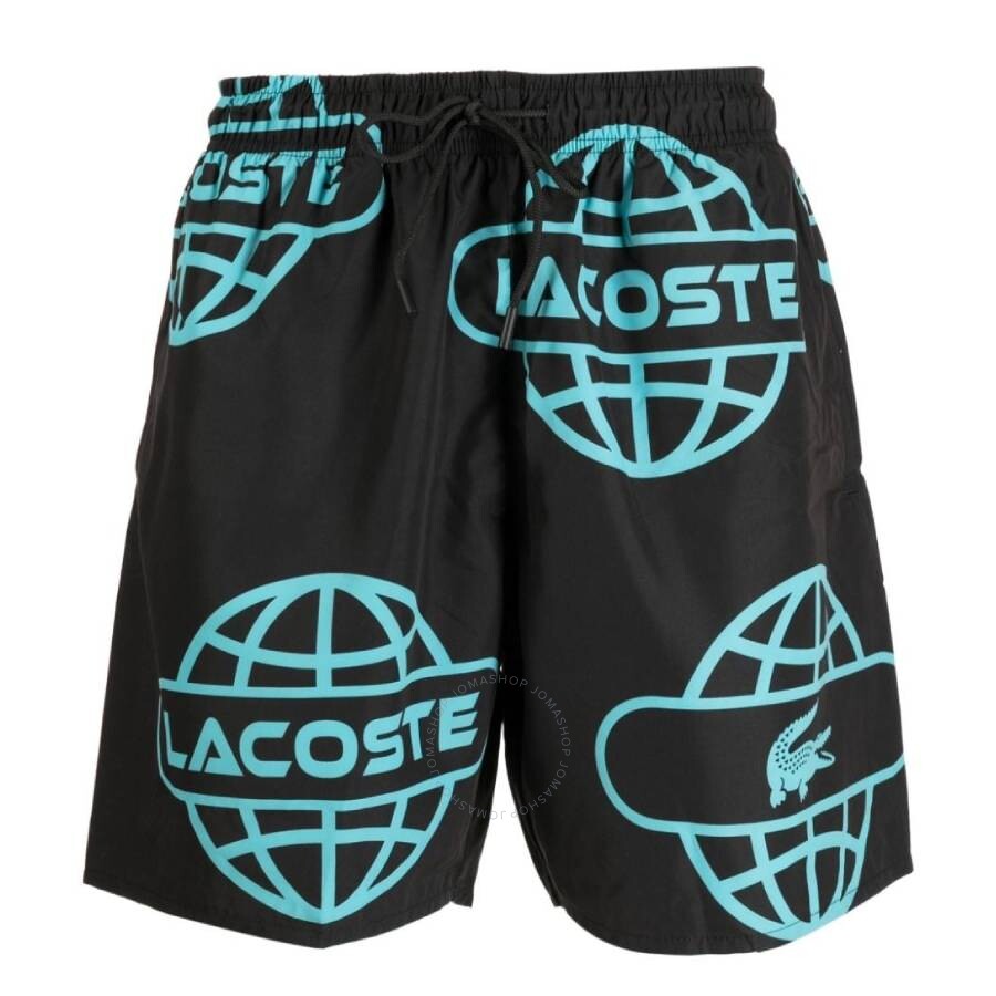 Lacoste Globe Printed Swim Shorts In Black