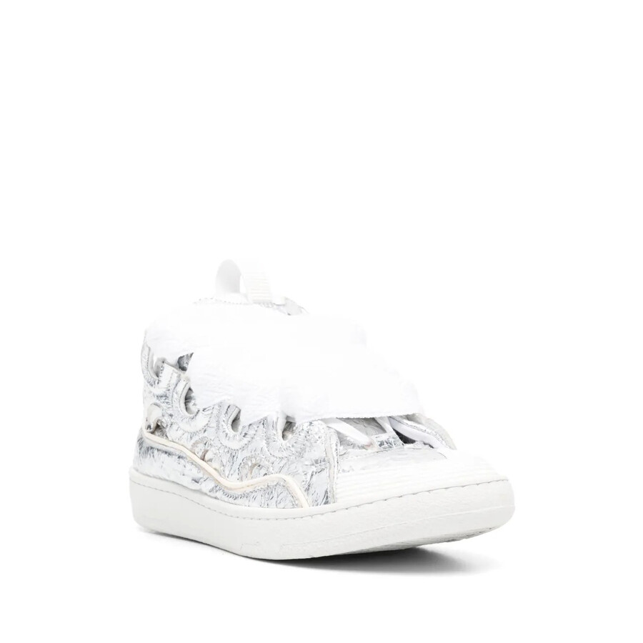 Lanvin Crinkle-effect Curb Leather Sneakers In Silver Tone