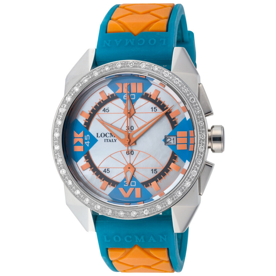 Locman Cavallo Pazzo Diamond Mother of Pearl Dial Blue and Orange Rubber Men's Watch LO