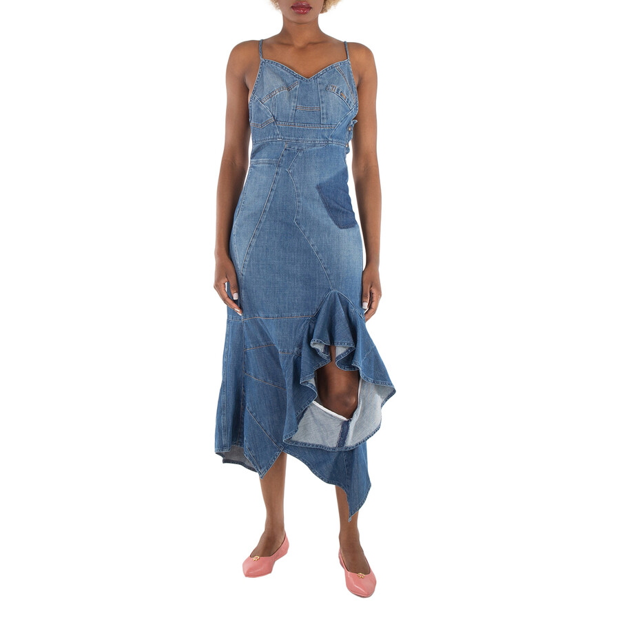 Ladies Blue Denim Asymmetric Denim Ruffle Dress, Brand Size 34 (US Size 2)