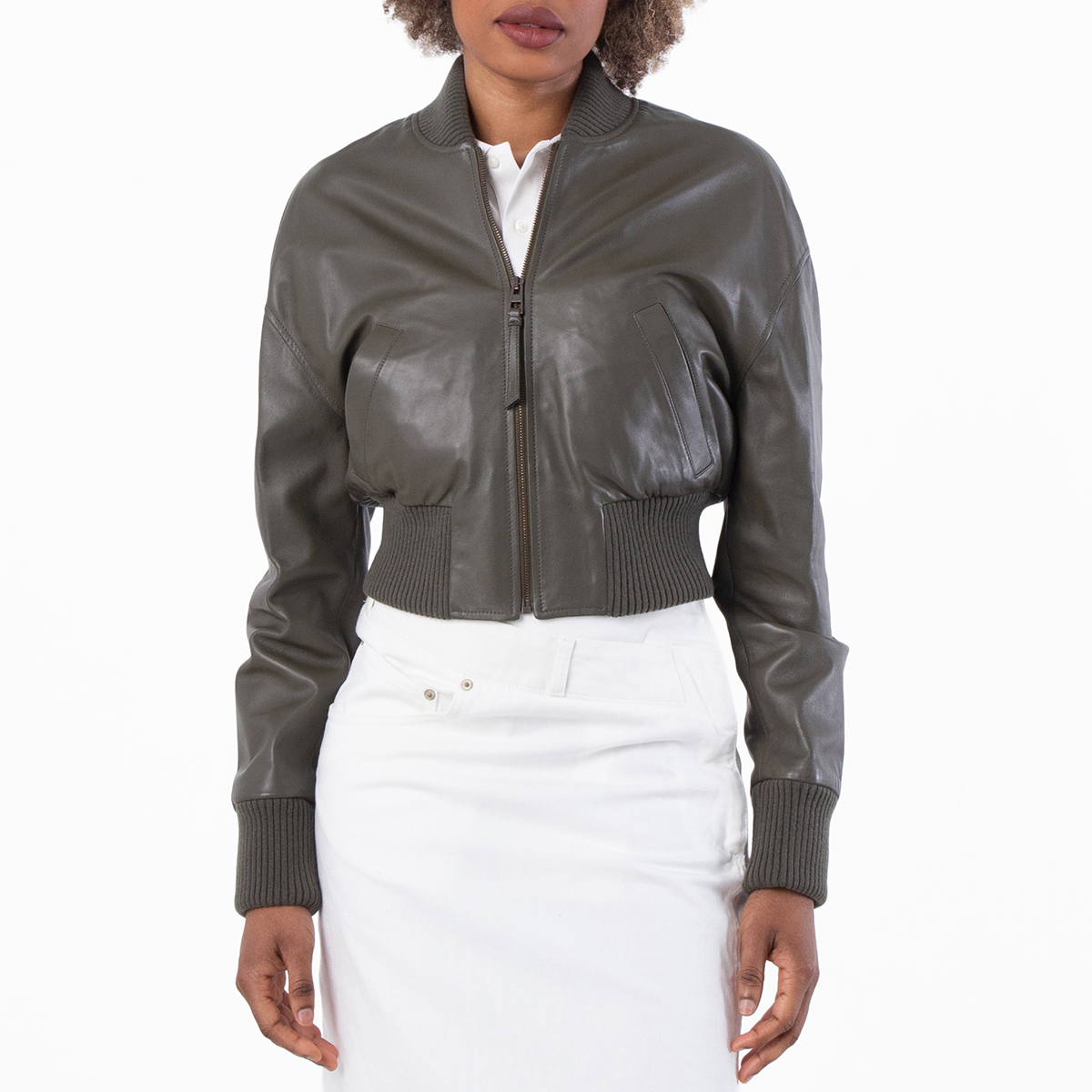 Loewe Womens Cropped Leather Bomber Jacket, Brand Size 36 ( US