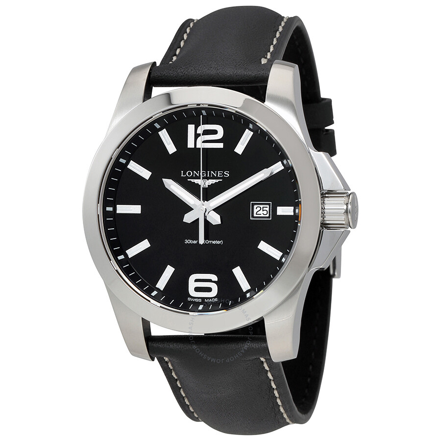  Conquest Black Dial Black Leather Men's Watch 