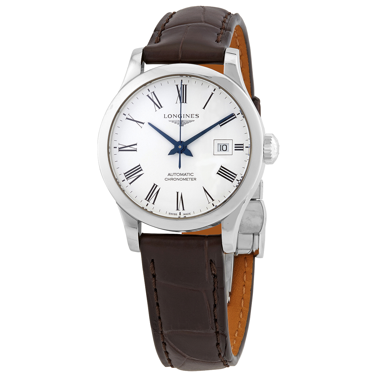 Longines Record Automatic White Dial Brown Leather Ladies Watch L2.321.4.11.2