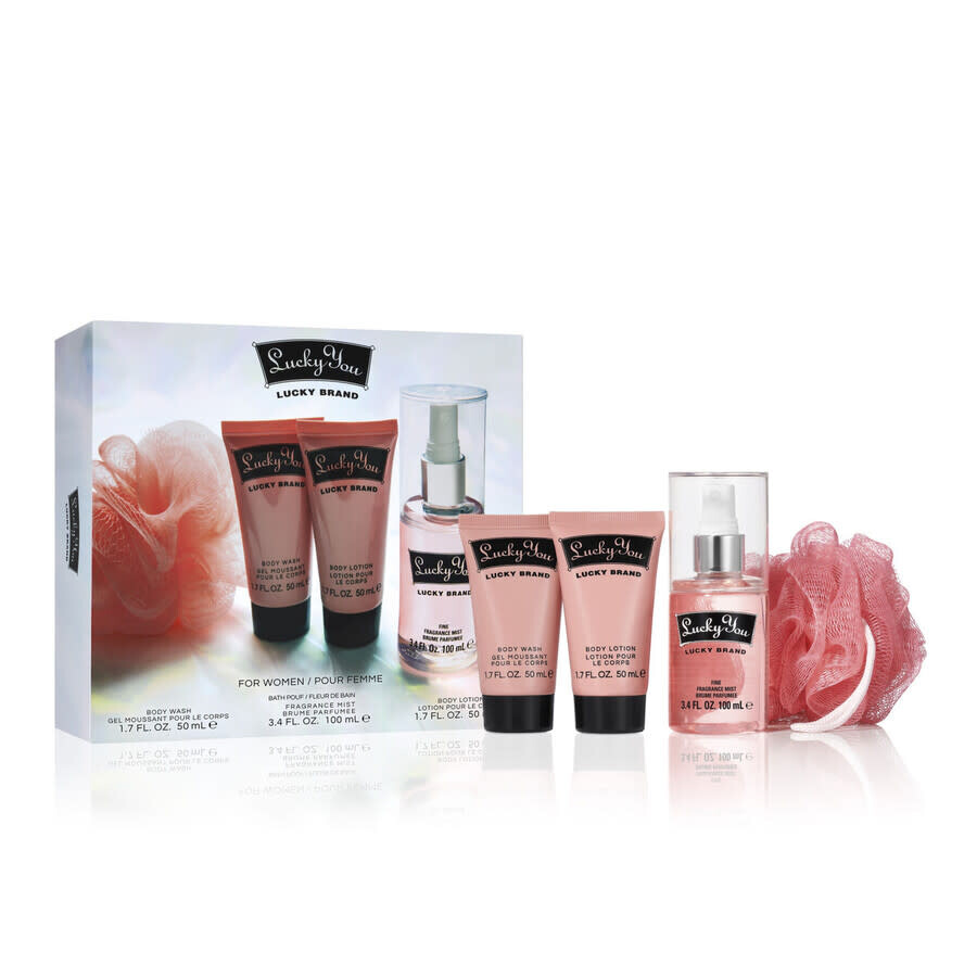 Lucky Brand Lucky You 4 Pcs Set For Women: 3.4 Fragrance Mist + 1.7 Body Lotion + 1.7 Body Wash + Bath Pouf