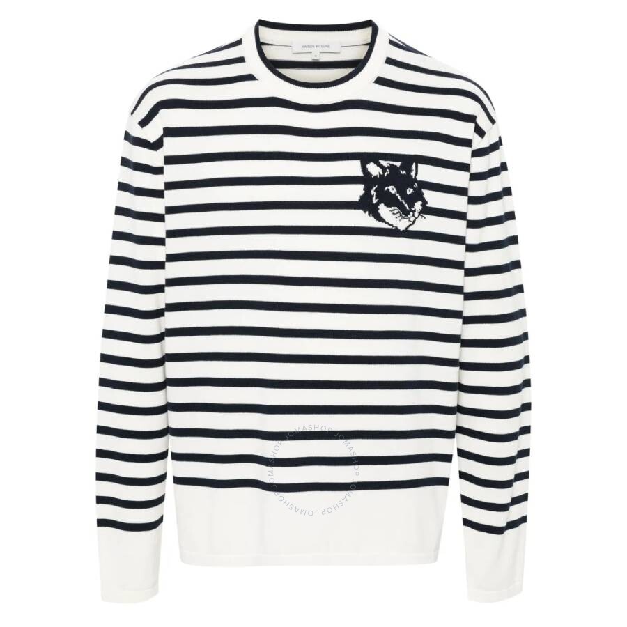 Maison Kitsuné Maison Kitsune' Fox Head Striped Cotton Sweater In Blue