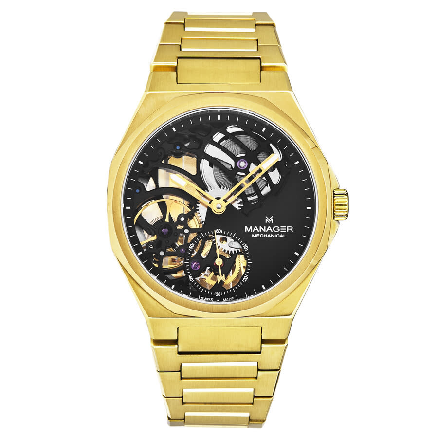 Shop Manager Revolution Hand Wind Black Dial Men's Watch Man-rm-10-gm In Black / Gold Tone / Yellow