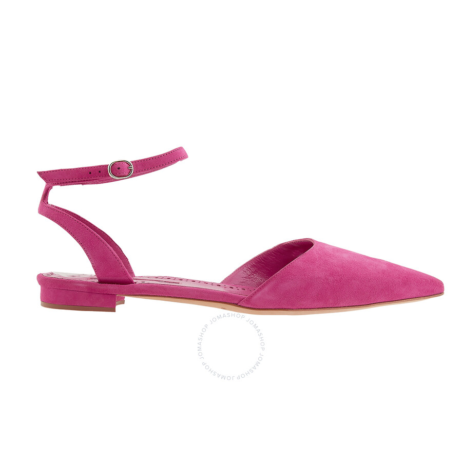 Manolo Blahnik Ladies Pink PointedToe Ankle Strap Suede Flats, Brand