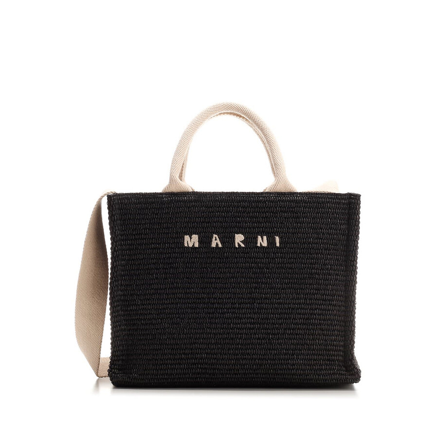 Marni Large Raffia Effect Fabric Tote Bag In Black