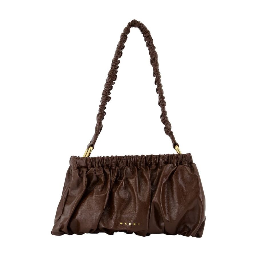 Marni Gathered Calfskin Shoulder Bag — Brown SBMP0297U0-P9294