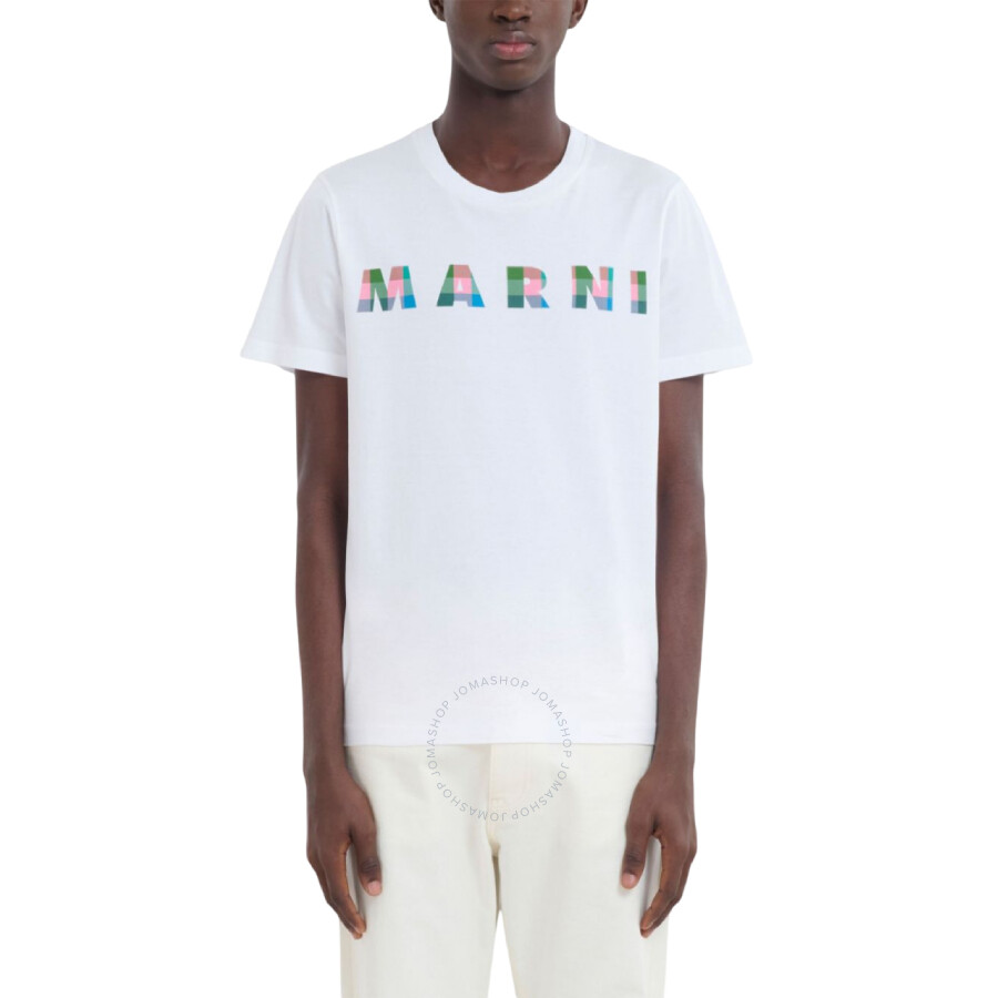 Marni Gingham Logo-print Cotton T-shirt In White